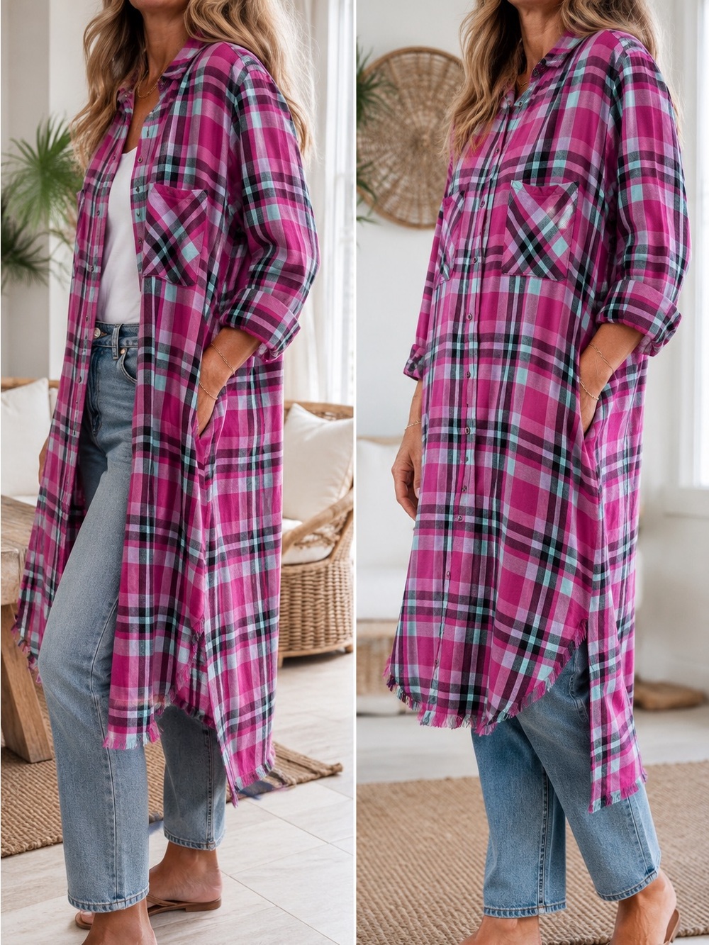 Billy T Oversized Plaid Shirt Dress Tunic Pink Frayed Hem Button Up 1X Boutique